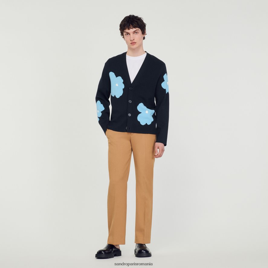 cardigan tricotat cu motive florale bărbați albastru marin Sandro Paris îmbrăcăminte X8Z4NH695