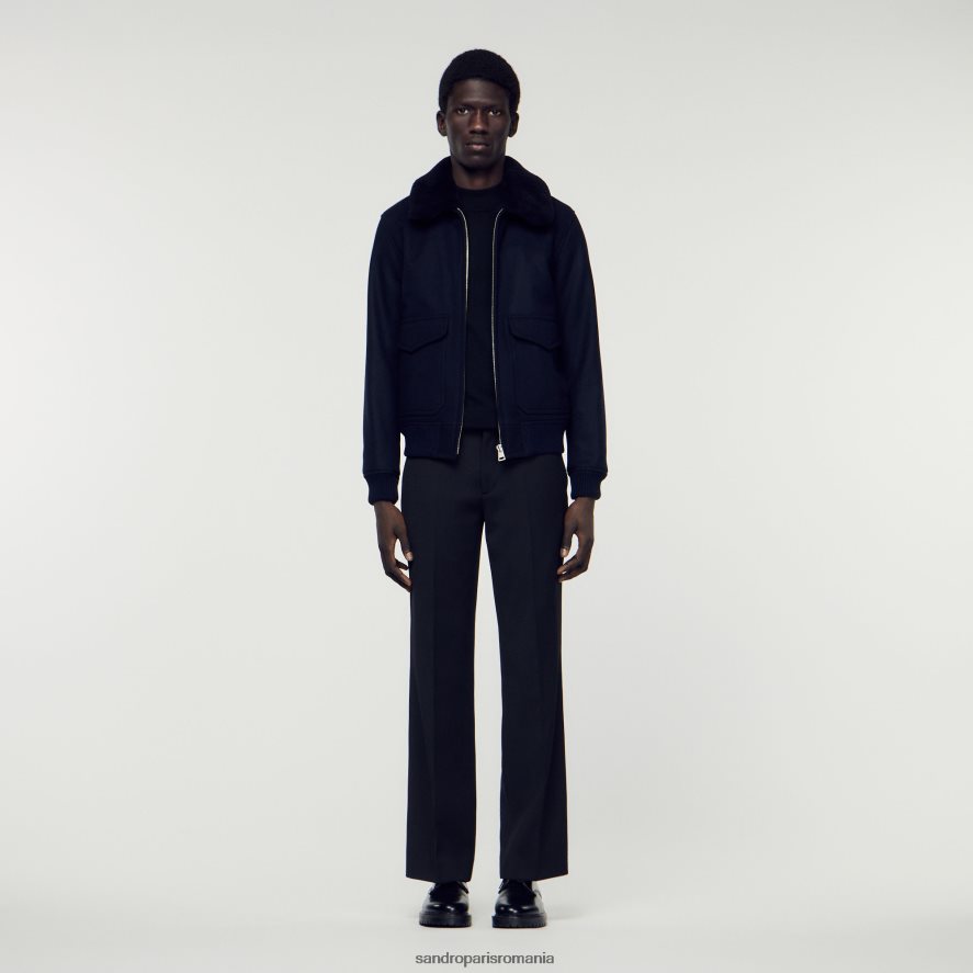 geacă aviator cu guler din piele de oaie bărbați albastru marin Sandro Paris îmbrăcăminte X8Z4NH680