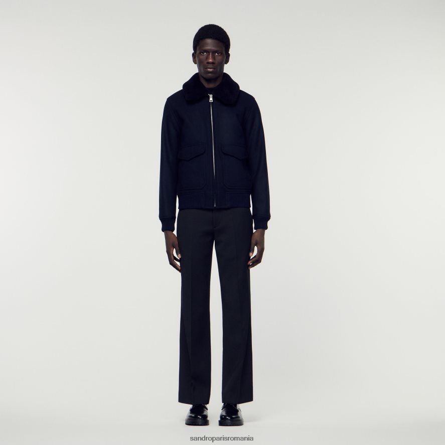 geacă aviator cu guler din piele de oaie bărbați albastru marin Sandro Paris îmbrăcăminte X8Z4NH680