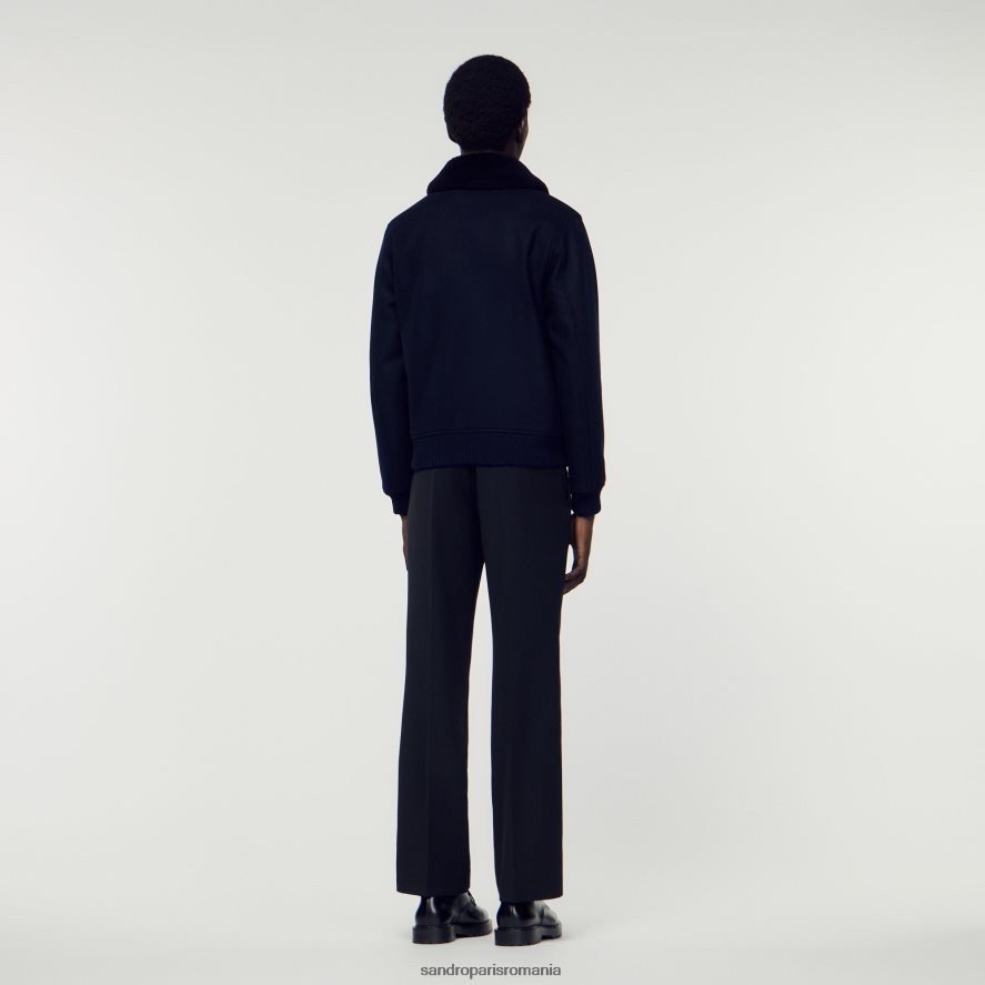 geacă aviator cu guler din piele de oaie bărbați albastru marin Sandro Paris îmbrăcăminte X8Z4NH680