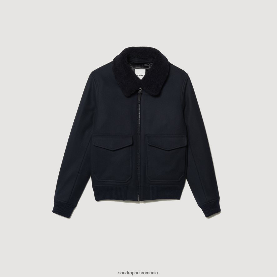 geacă aviator cu guler din piele de oaie bărbați albastru marin Sandro Paris îmbrăcăminte X8Z4NH680