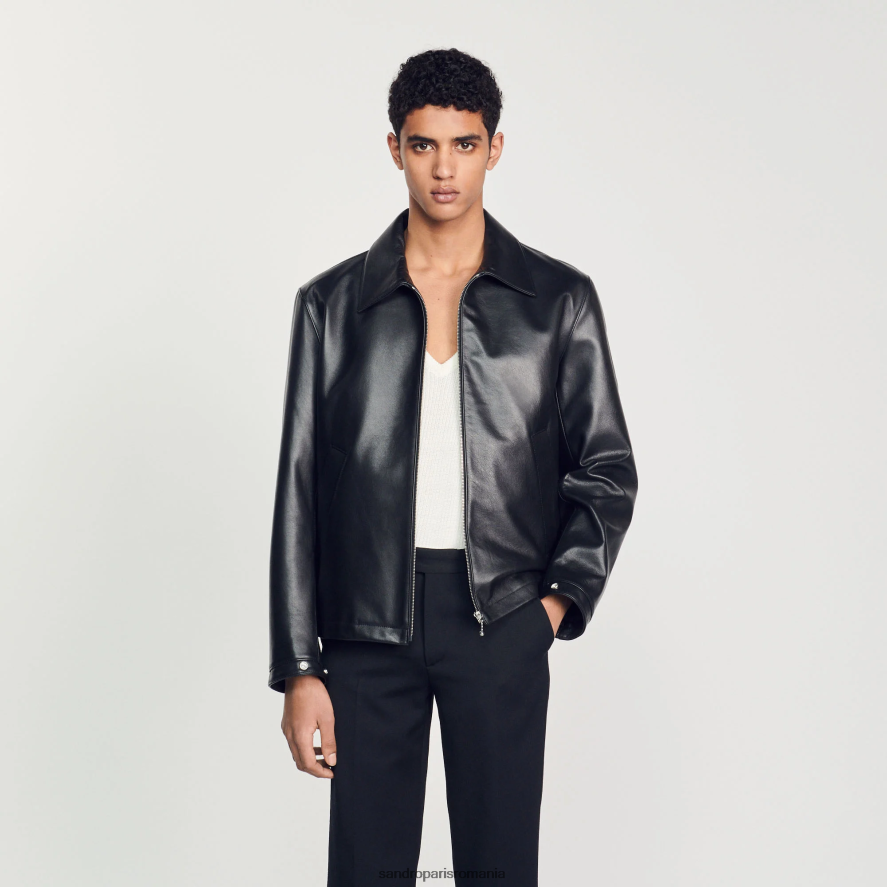 geacă de piele netedă bărbați negru Sandro Paris îmbrăcăminte X8Z4NH583