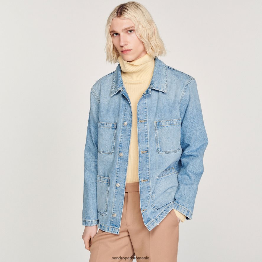 jachetă de muncitor din denim bărbați vintage albastru deschis Sandro Paris îmbrăcăminte X8Z4NH743
