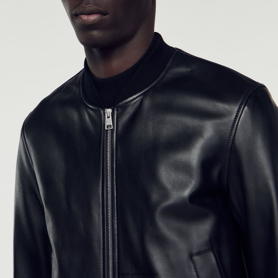 jachetă de varsity din piele netedă bărbați negru Sandro Paris îmbrăcăminte X8Z4NH664