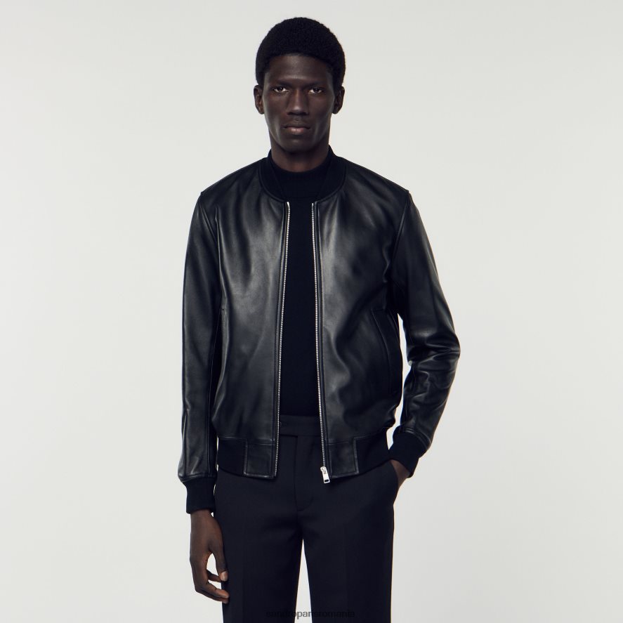 jachetă de varsity din piele netedă bărbați negru Sandro Paris îmbrăcăminte X8Z4NH664