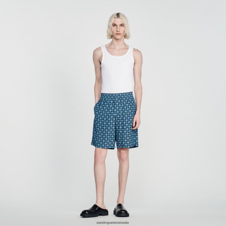 pantaloni scurți imprimați cu cruce pătrată bărbați albastru Sandro Paris îmbrăcăminte X8Z4NH812