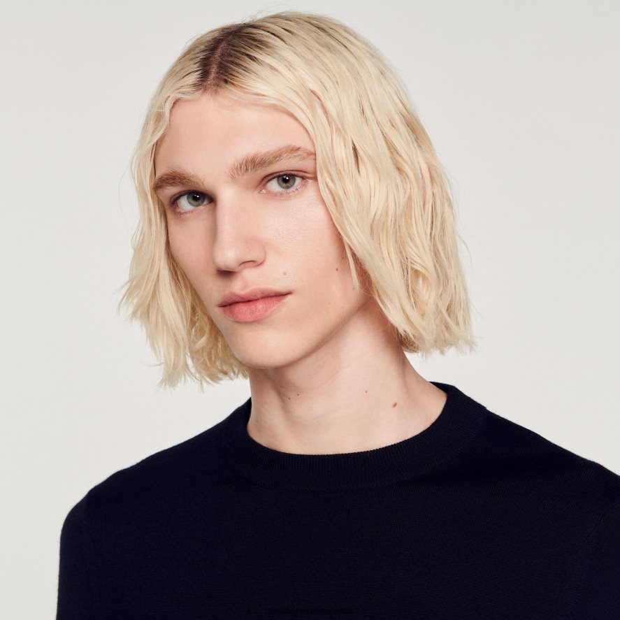 pulover din lână tricot fin bărbați albastru marin Sandro Paris îmbrăcăminte X8Z4NH636