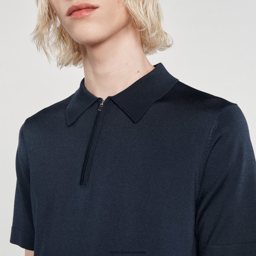 tricou polo tricotat cu guler cu fermoar bărbați albastru Sandro Paris îmbrăcăminte X8Z4NH630