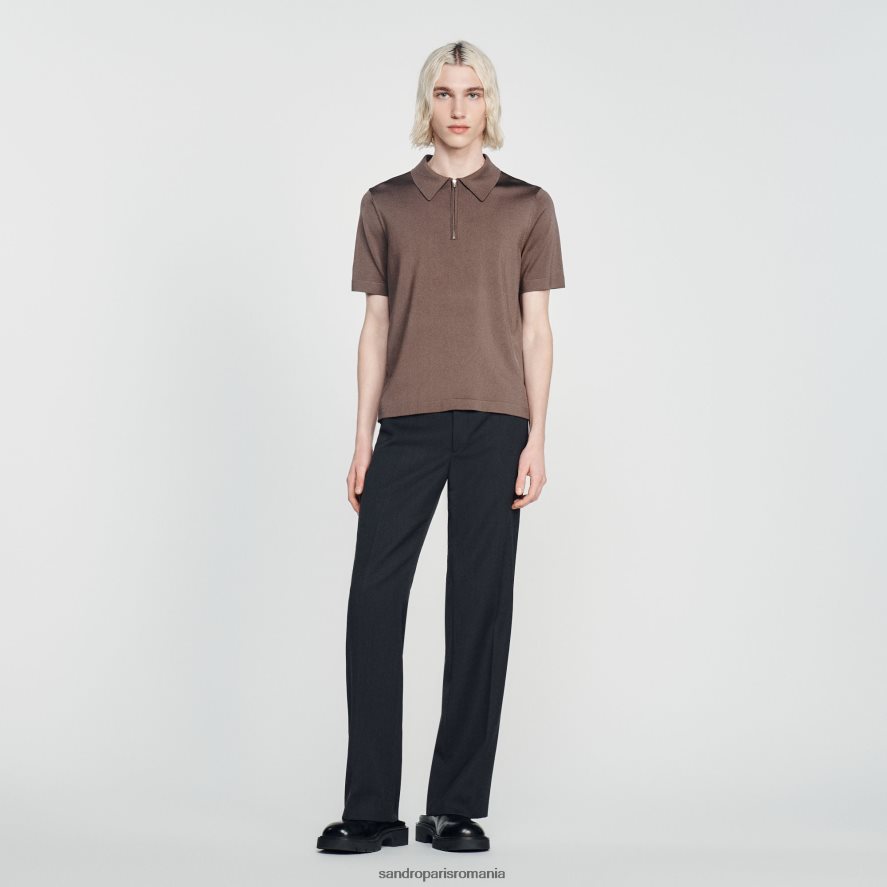 tricou polo tricotat cu guler cu fermoar bărbați taupe Sandro Paris îmbrăcăminte X8Z4NH631