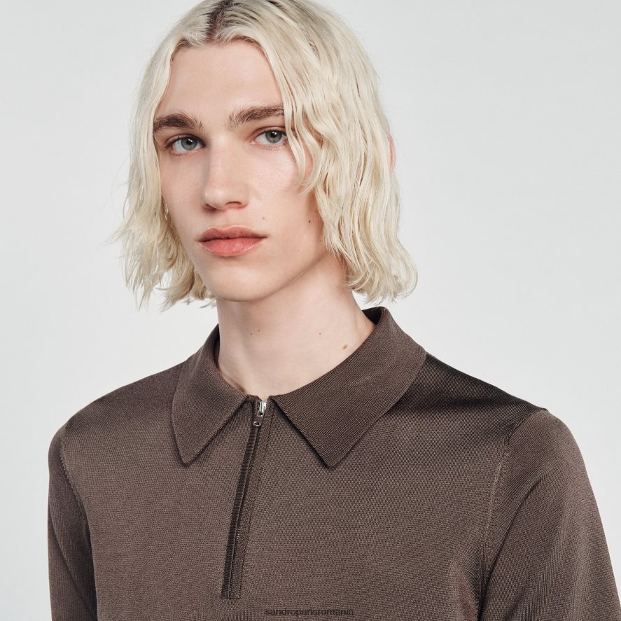 tricou polo tricotat cu guler cu fermoar bărbați taupe Sandro Paris îmbrăcăminte X8Z4NH631
