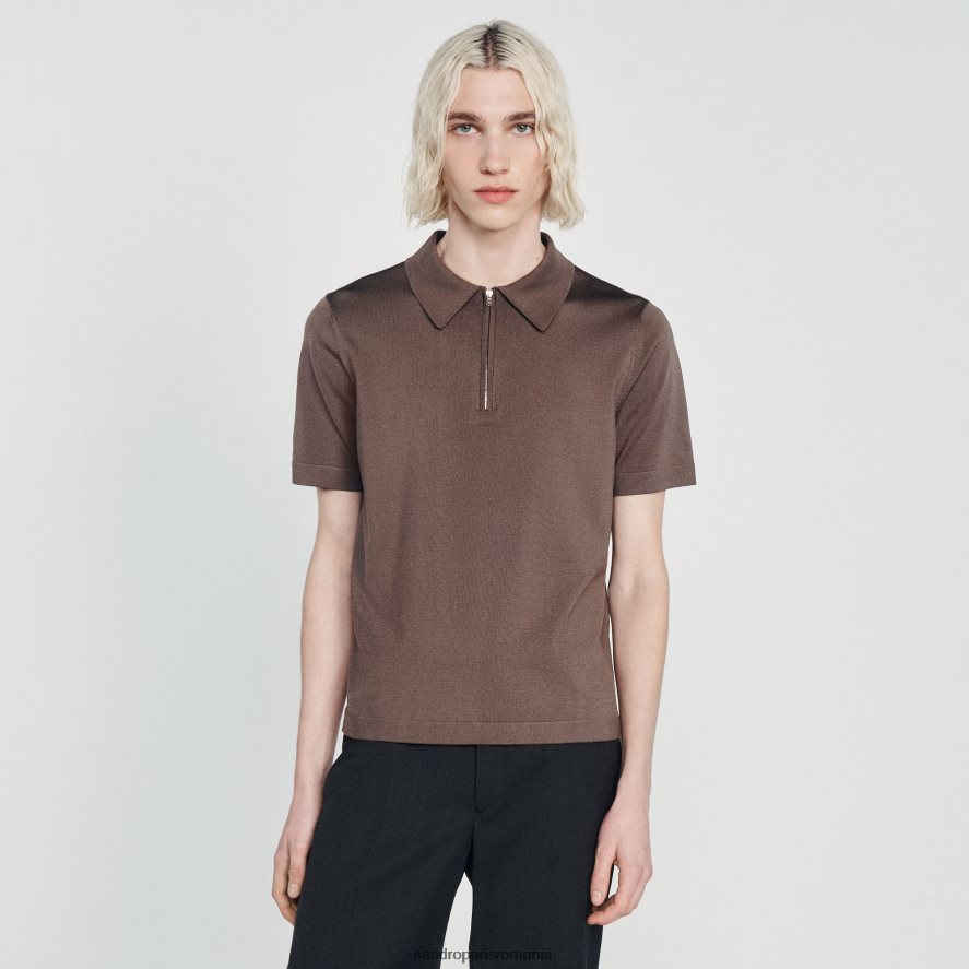 tricou polo tricotat cu guler cu fermoar bărbați taupe Sandro Paris îmbrăcăminte X8Z4NH631