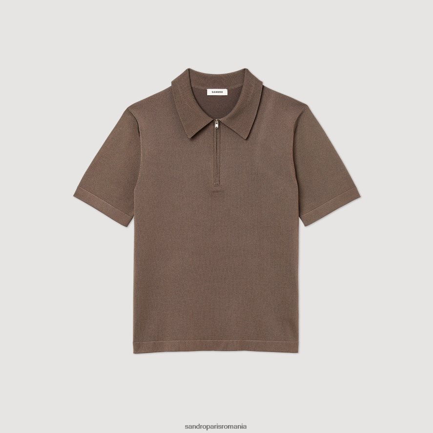 tricou polo tricotat cu guler cu fermoar bărbați taupe Sandro Paris îmbrăcăminte X8Z4NH631