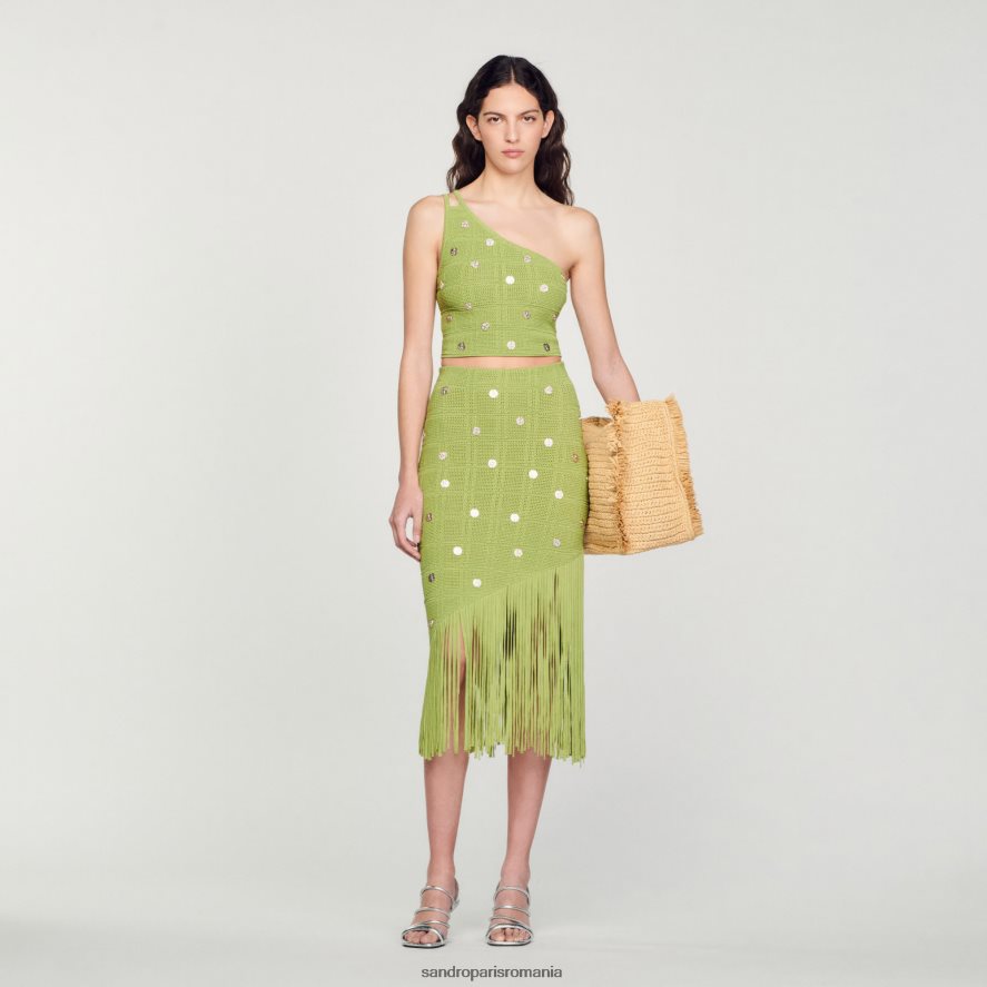 fusta din tricot cu franjuri femei verde măsliniu Sandro Paris îmbrăcăminte X8Z4NH133