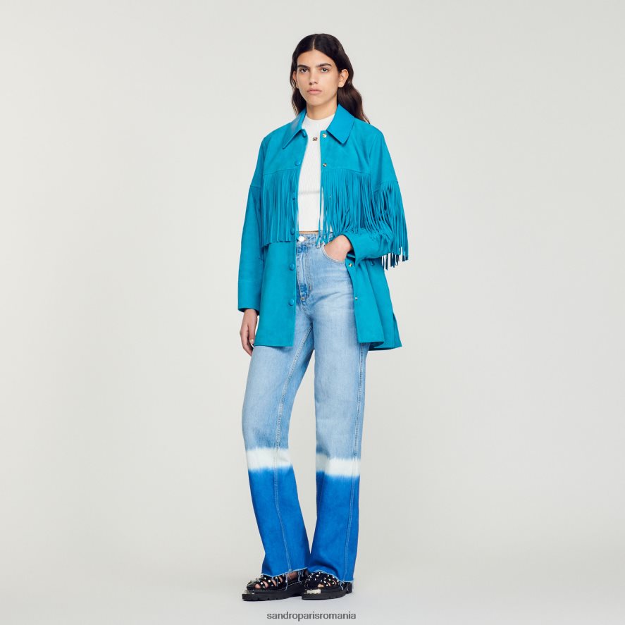 geacă de piele lungă cu franjuri femei turcoaz Sandro Paris îmbrăcăminte X8Z4NH444