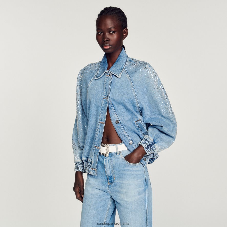 jachetă din denim cu strasuri femei blugi albaștri Sandro Paris îmbrăcăminte X8Z4NH203