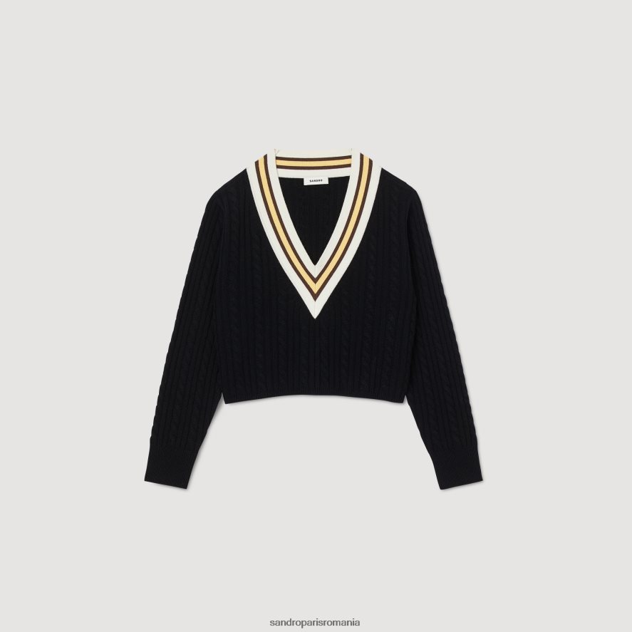 pulover cu decolteu în V contrast femei negru Sandro Paris îmbrăcăminte X8Z4NH12
