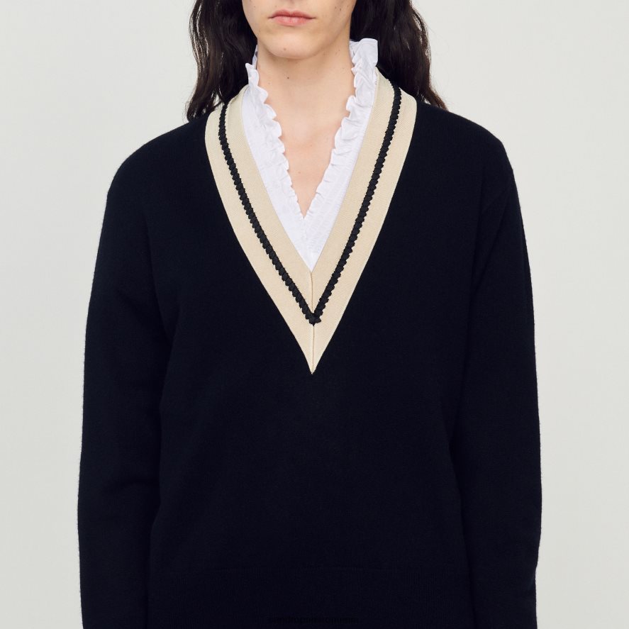 pulover cu decolteu în V contrastant femei negru Sandro Paris îmbrăcăminte X8Z4NH89