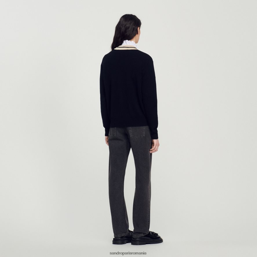 pulover cu decolteu în V contrastant femei negru Sandro Paris îmbrăcăminte X8Z4NH89