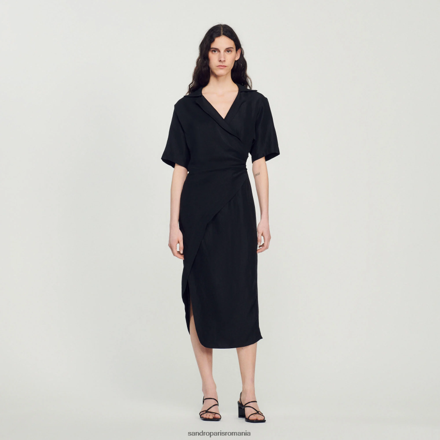 rochie asimetrică drapată femei negru Sandro Paris îmbrăcăminte X8Z4NH245