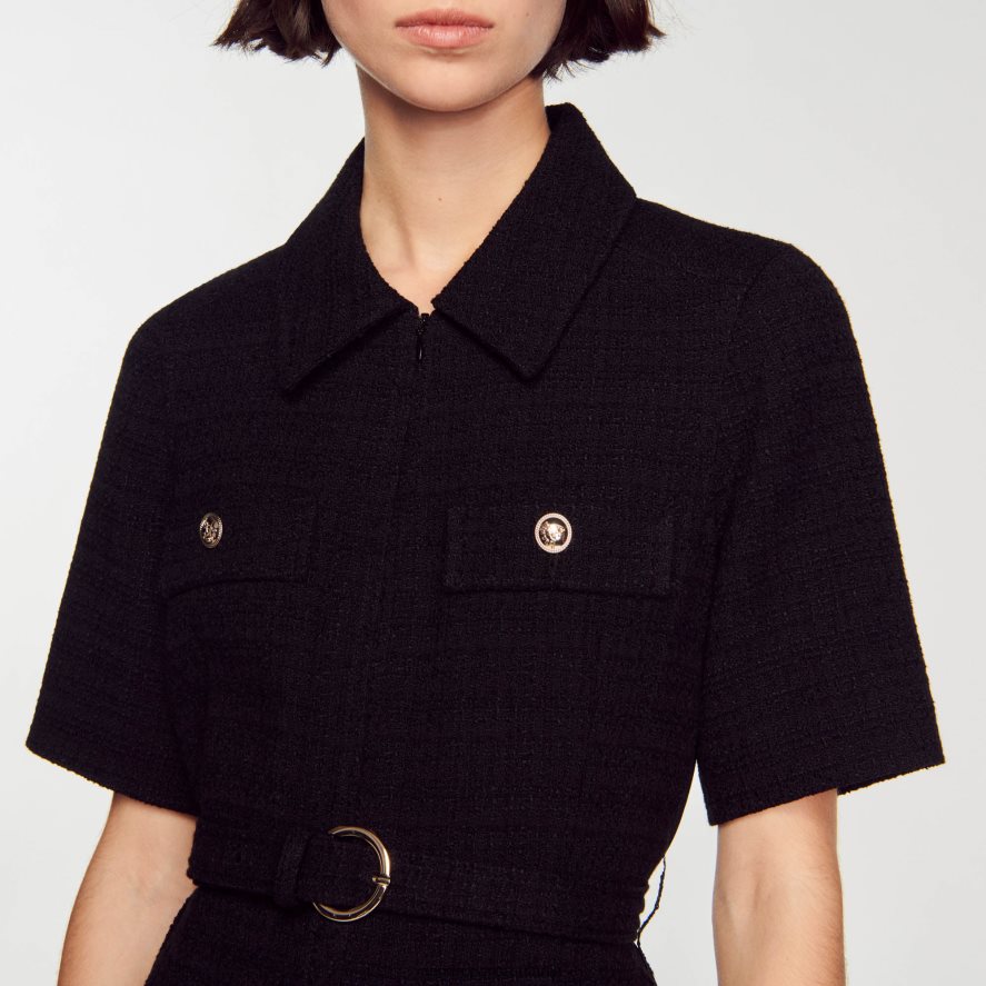 rochie cu maneca scurta din doua materiale femei negru Sandro Paris îmbrăcăminte X8Z4NH157