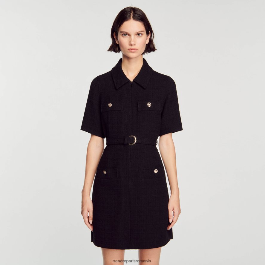 rochie cu maneca scurta din doua materiale femei negru Sandro Paris îmbrăcăminte X8Z4NH157