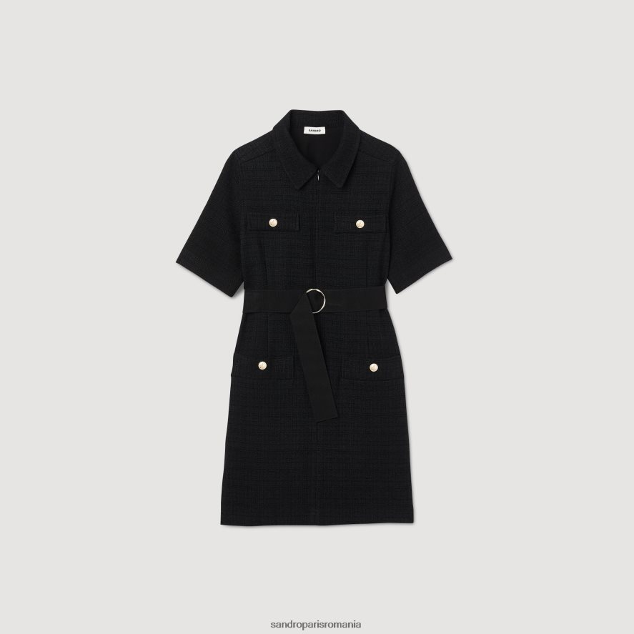 rochie cu maneca scurta din doua materiale femei negru Sandro Paris îmbrăcăminte X8Z4NH157