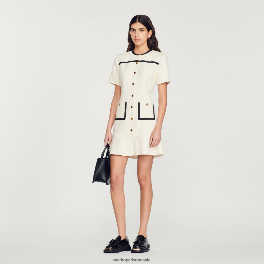 rochie decupată din tweed cu nasturi femei ecru Sandro Paris îmbrăcăminte X8Z4NH109