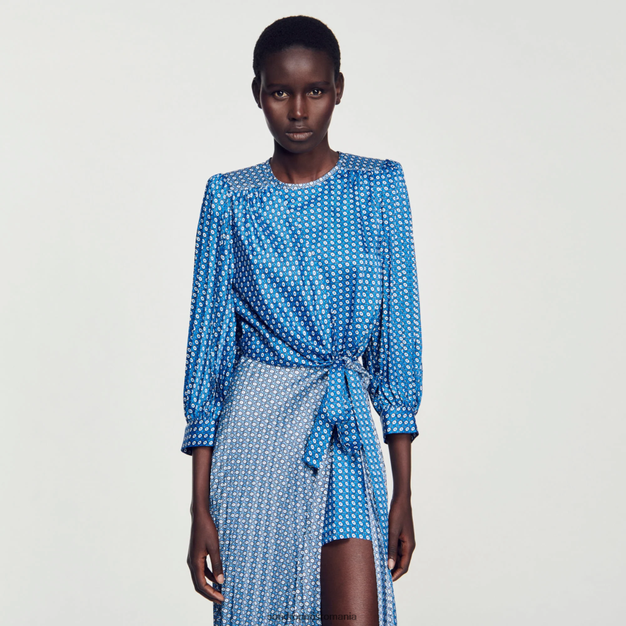 rochie lungă cu imprimeu cravată femei albastru Sandro Paris îmbrăcăminte X8Z4NH47