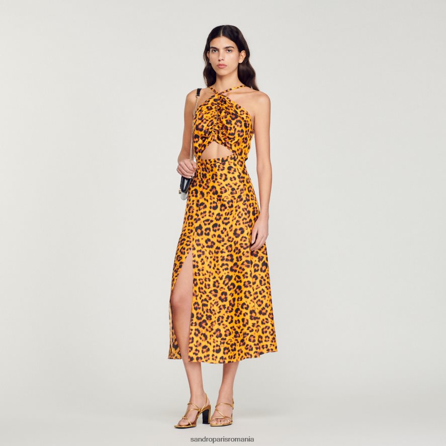 rochie lungă cu imprimeu leopard femei portocaliu/negru Sandro Paris îmbrăcăminte X8Z4NH309