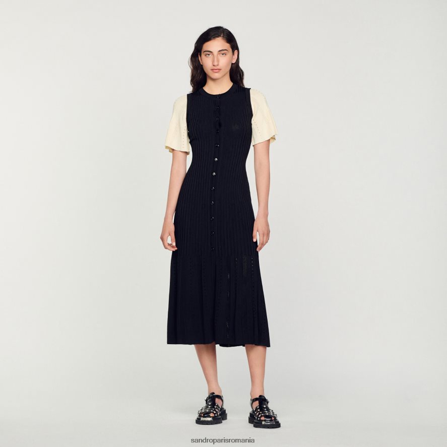 rochie midi din tricot bicolor femei negru Sandro Paris îmbrăcăminte X8Z4NH6