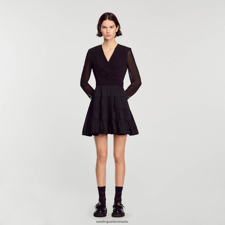 rochie scurtă fluidă din dublă țesătură femei negru Sandro Paris îmbrăcăminte X8Z4NH136