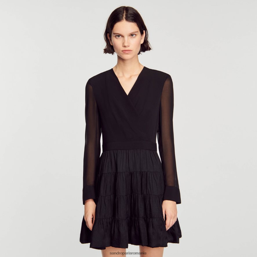 rochie scurtă fluidă din dublă țesătură femei negru Sandro Paris îmbrăcăminte X8Z4NH136