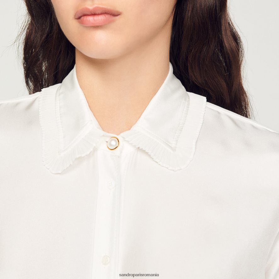 cămașă de mătase cu bordură plisată femei ecru Sandro Paris îmbrăcăminte X8Z4NH199