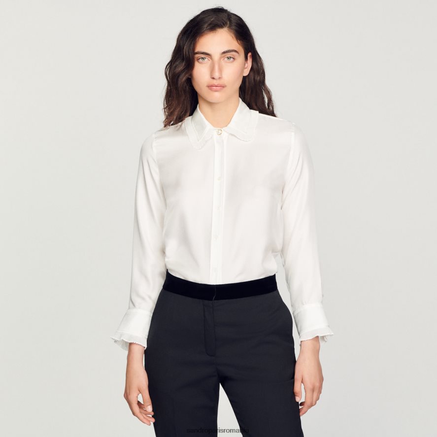 cămașă de mătase cu bordură plisată femei ecru Sandro Paris îmbrăcăminte X8Z4NH199