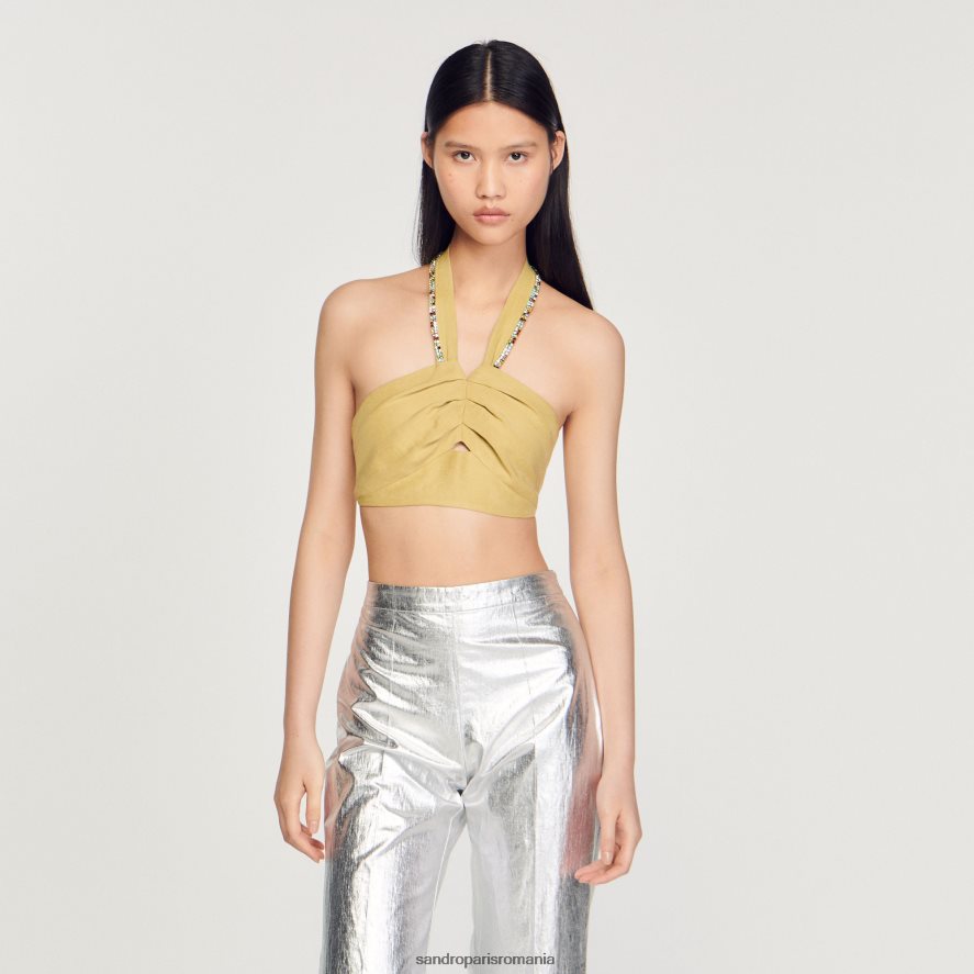 crop top impodobit cu strasuri femei verde lime Sandro Paris îmbrăcăminte X8Z4NH367