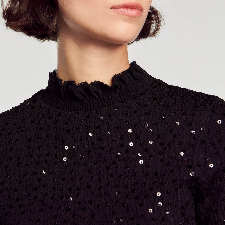 top cu paiete femei negru Sandro Paris îmbrăcăminte X8Z4NH27