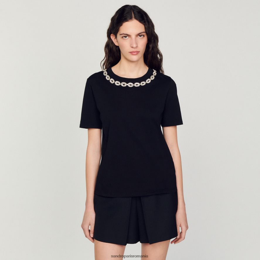 tricou din bumbac organic cu guler cu bijuterii femei negru Sandro Paris îmbrăcăminte X8Z4NH114