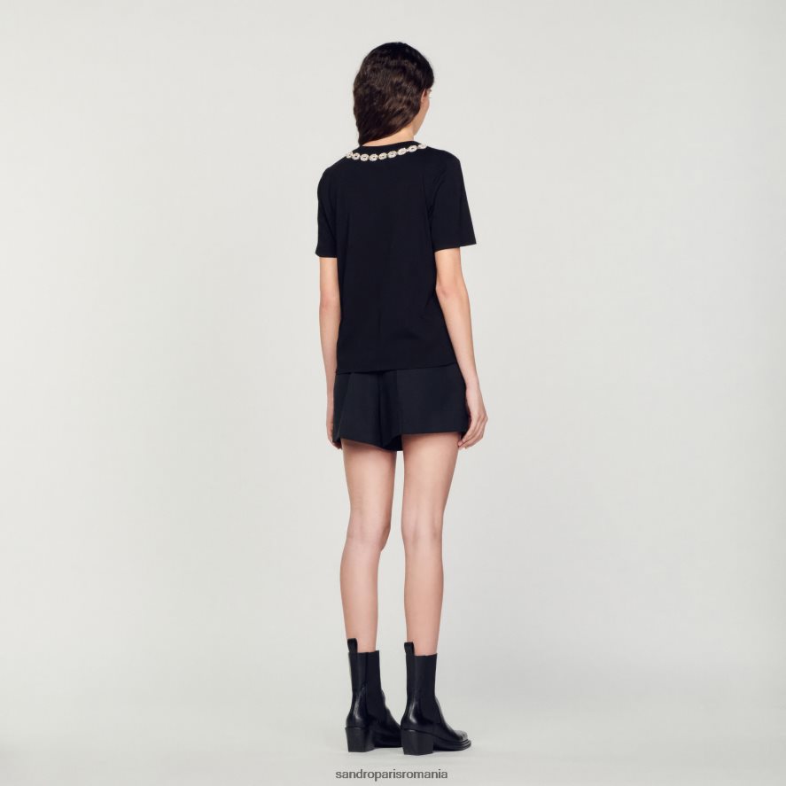 tricou din bumbac organic cu guler cu bijuterii femei negru Sandro Paris îmbrăcăminte X8Z4NH114